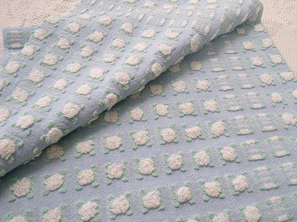 White Rosebud Vintage Blue Chenille Fabric, Shabby Phantom Rose Morgan Jones, 19x26"