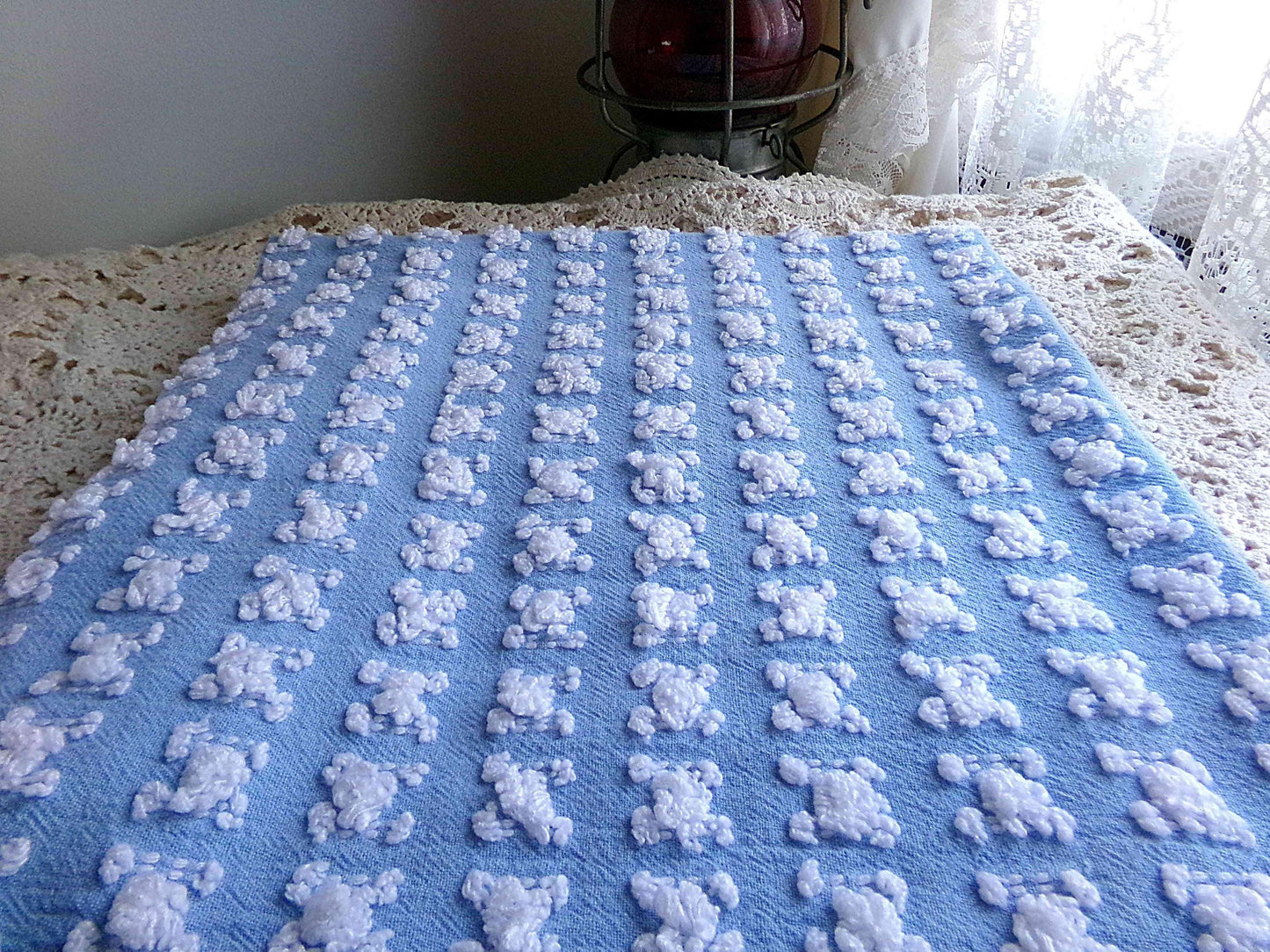 White Rosebud Vintage Chenille Fabric Piece, Beyond Beautiful Blue Rose Material for Quilts & Pillows, 24" x 20" inches