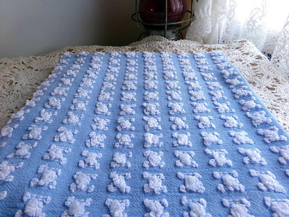 White Rosebud Vintage Chenille Fabric Piece, Beyond Beautiful Blue Rose Material for Quilts & Pillows, 24" x 20" inches