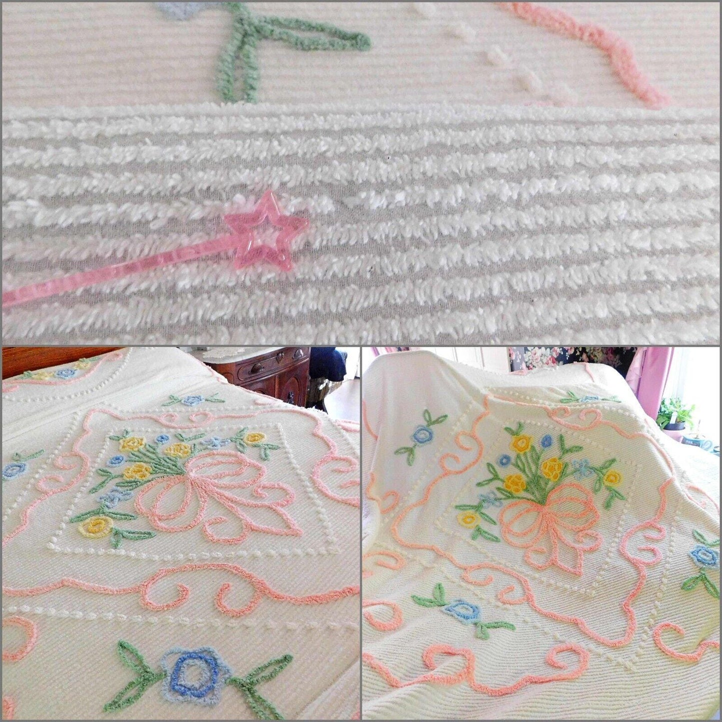 Cottage Style vintage Chenille Bedspread, Sculpted Florals Scalloped Hem, FULL Sz