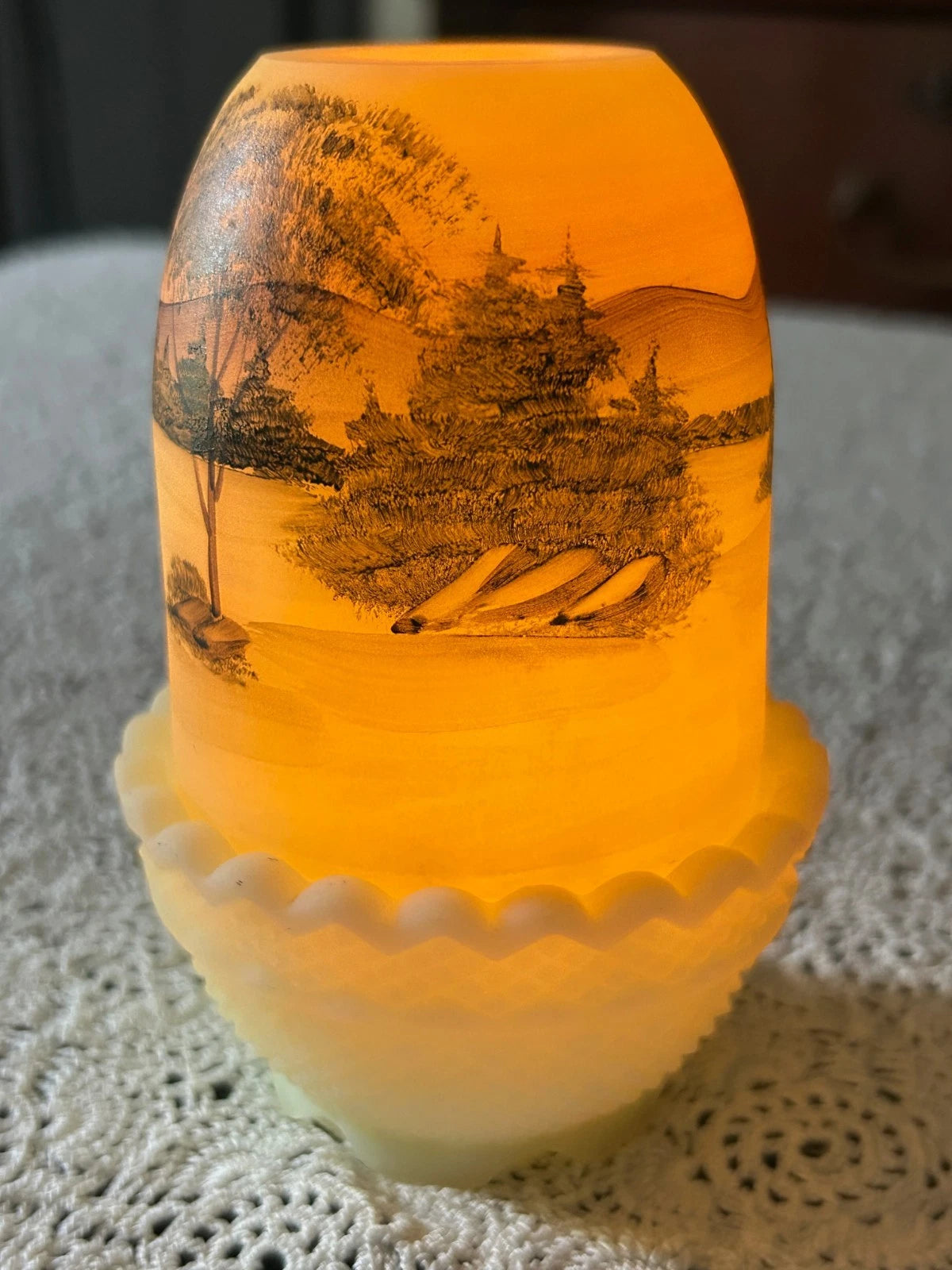 Vtg Fenton Fairy Lamp Satin Custard Glass Hand Painted Water Mill Gloria Finn