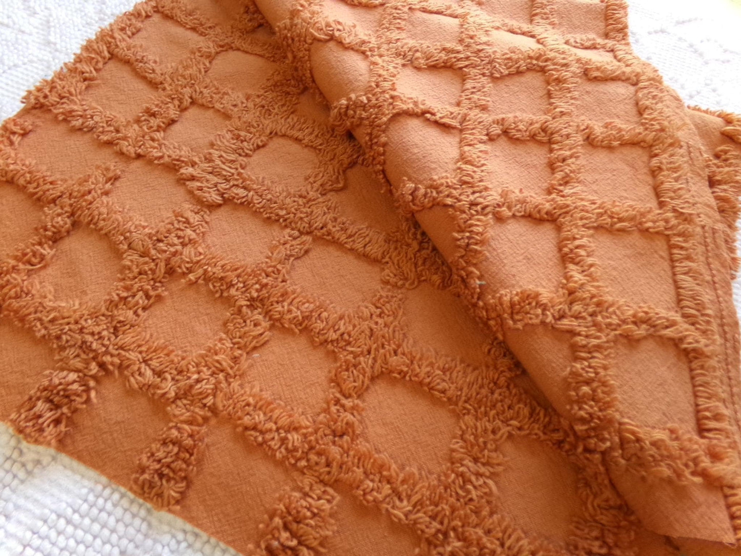 nutmeg pumpkin spice chenille fabric, 21" x 14" boho vintage style sewing material for quilts, crafts in simple windowpane tufted design