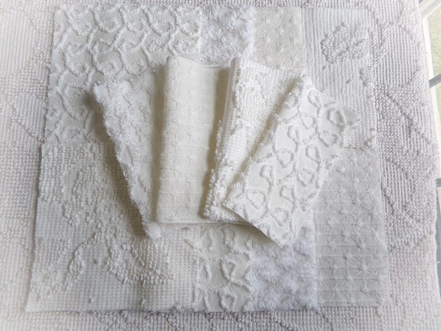 white vintage 6" chenille squares, set of 12 quilt blocks in a classic selection of popular patterns for sewing & crafts