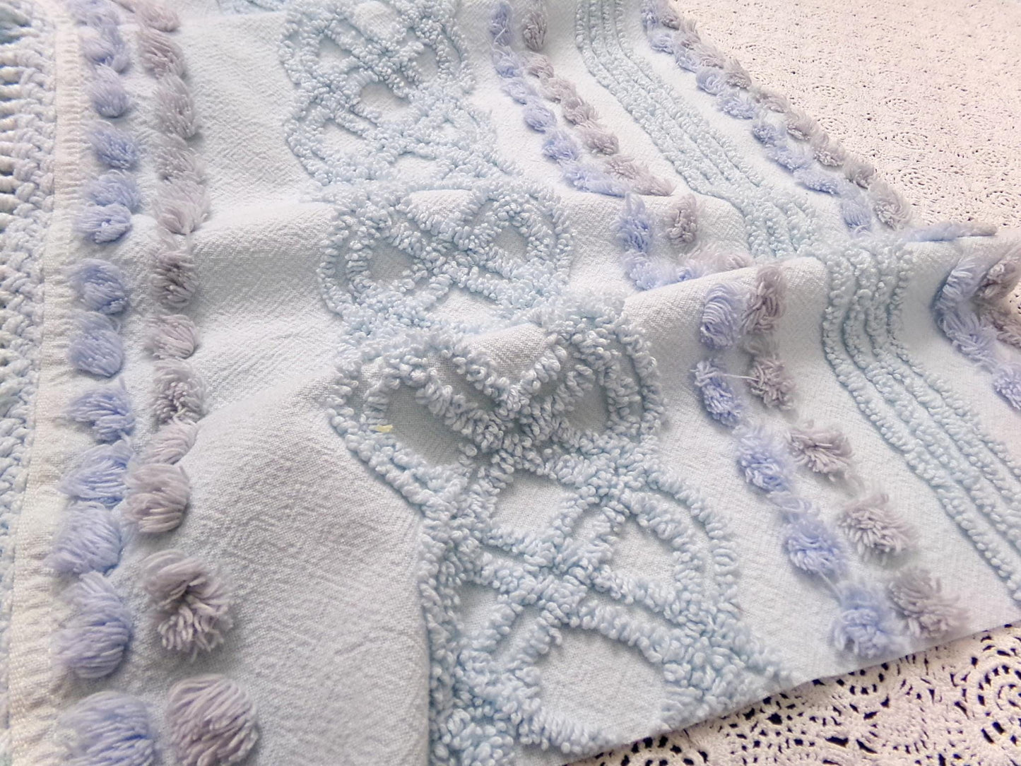 cool blue grey vintage chenille bedspread fabric boho fringe 13x36" cabin crafts