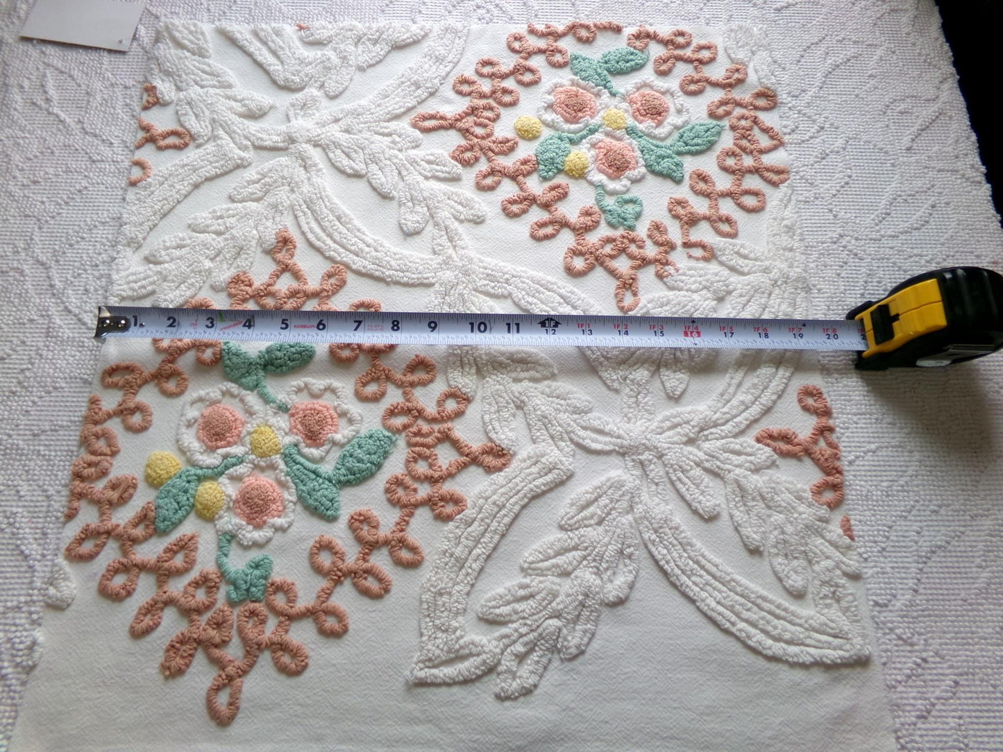 vintage chenille bedspread fabric, natural boho floral 20" x 20" piece sewing material