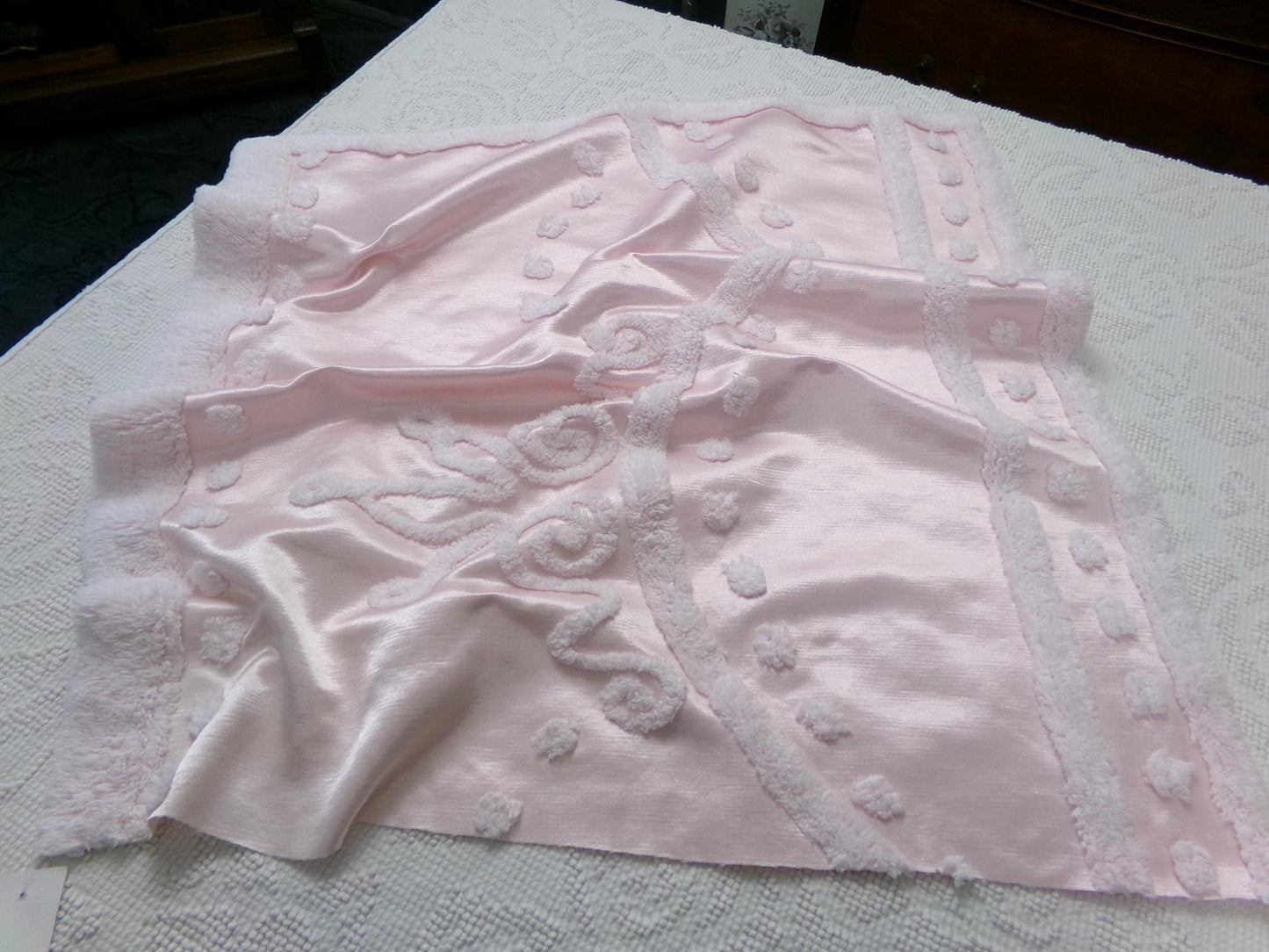 Pink Satin Vintage Chenille Fabric, Shabby Cottage 24" x 23" Piece