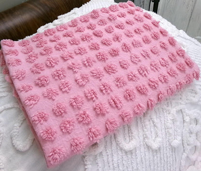Pink Puffer Pops Vintage Chenille Fabric, Windswept Bobble Tufts, 18x24"