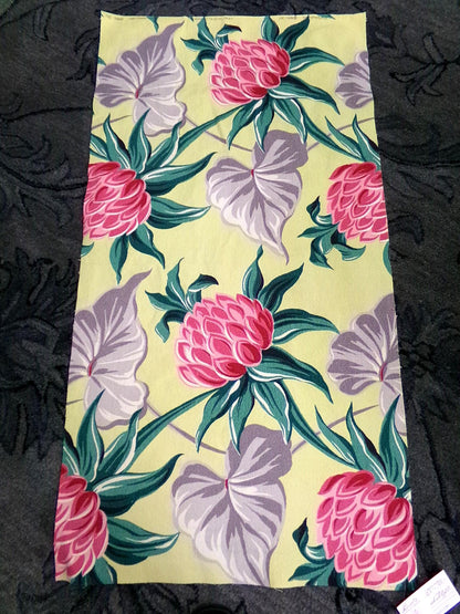 Vintage Barkcloth Fabric, Bold Pink Ginger Bloom Florals, Gray Tropical Elephant Ears 21" x40"