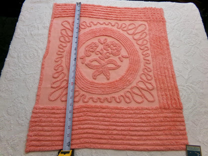 rose cameo vintage chenille fabric, peach needletuft floral bouquet & bow, 20" x 24" inch piece for quilting, sewing