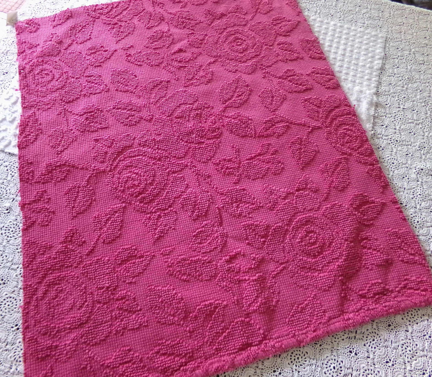 Fuchsia Pink Rose Vintage Woven Chenille Fabric, Reversible Hobnail 20" x 25" Piece Quilt Material