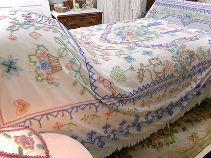 Vintage Boho Chenille Bedspread, Rare Folk Art Fieldcrest Needletuft Tribal Design, Full Size Cotton Bedding