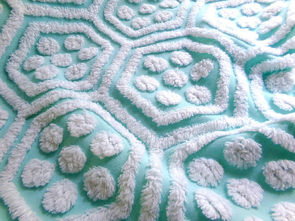 Vintage Chenille Fabric Coastal Fresh Aqua White Geometric Hexagon Dot 18x24"