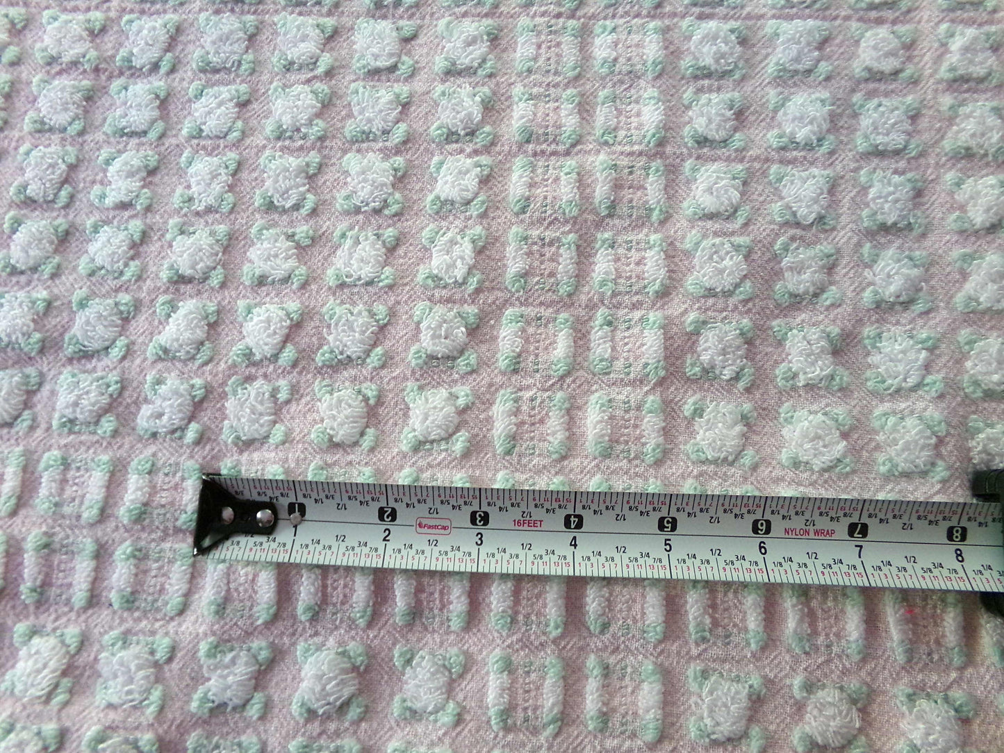 phantom white rosebud chenille fabric, 18" x 24" inch piece of dusty pink vintage Morgan Jones rosebuds quilt material for sewing & crafts