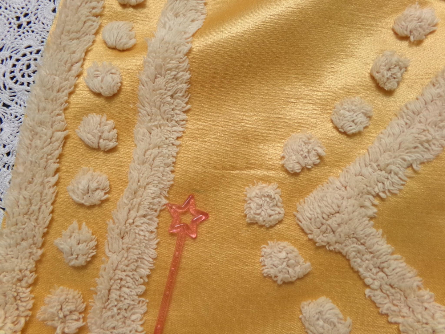 Vintage Gold Satin Chenille Tufted Fabric Swag Scroll Elegant Sewing Material 23x25"