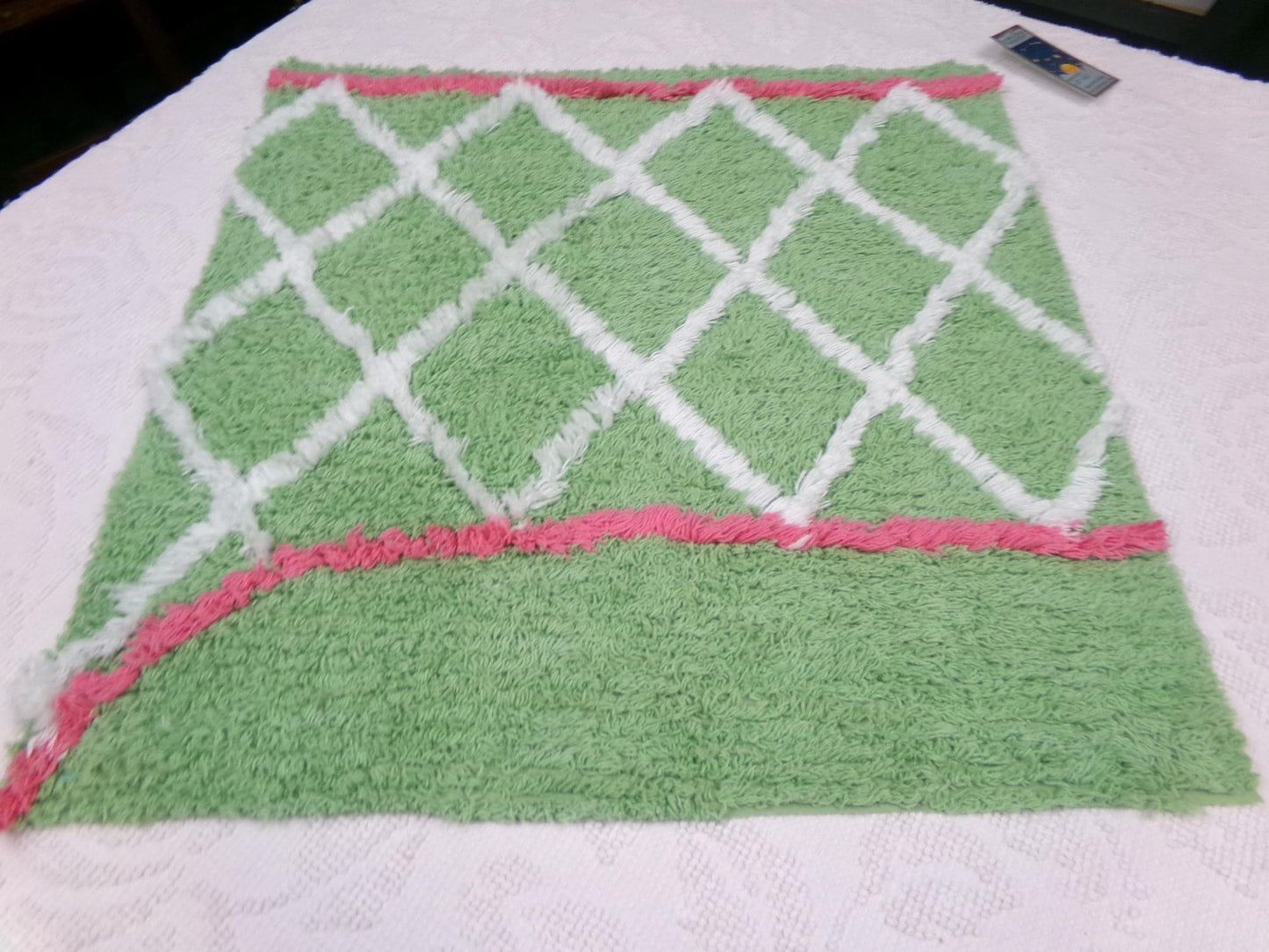 Vintage Chenille Bedspread Fabric Pc, White Trellis on Candy Apple Green, 19" x 20" quilt material