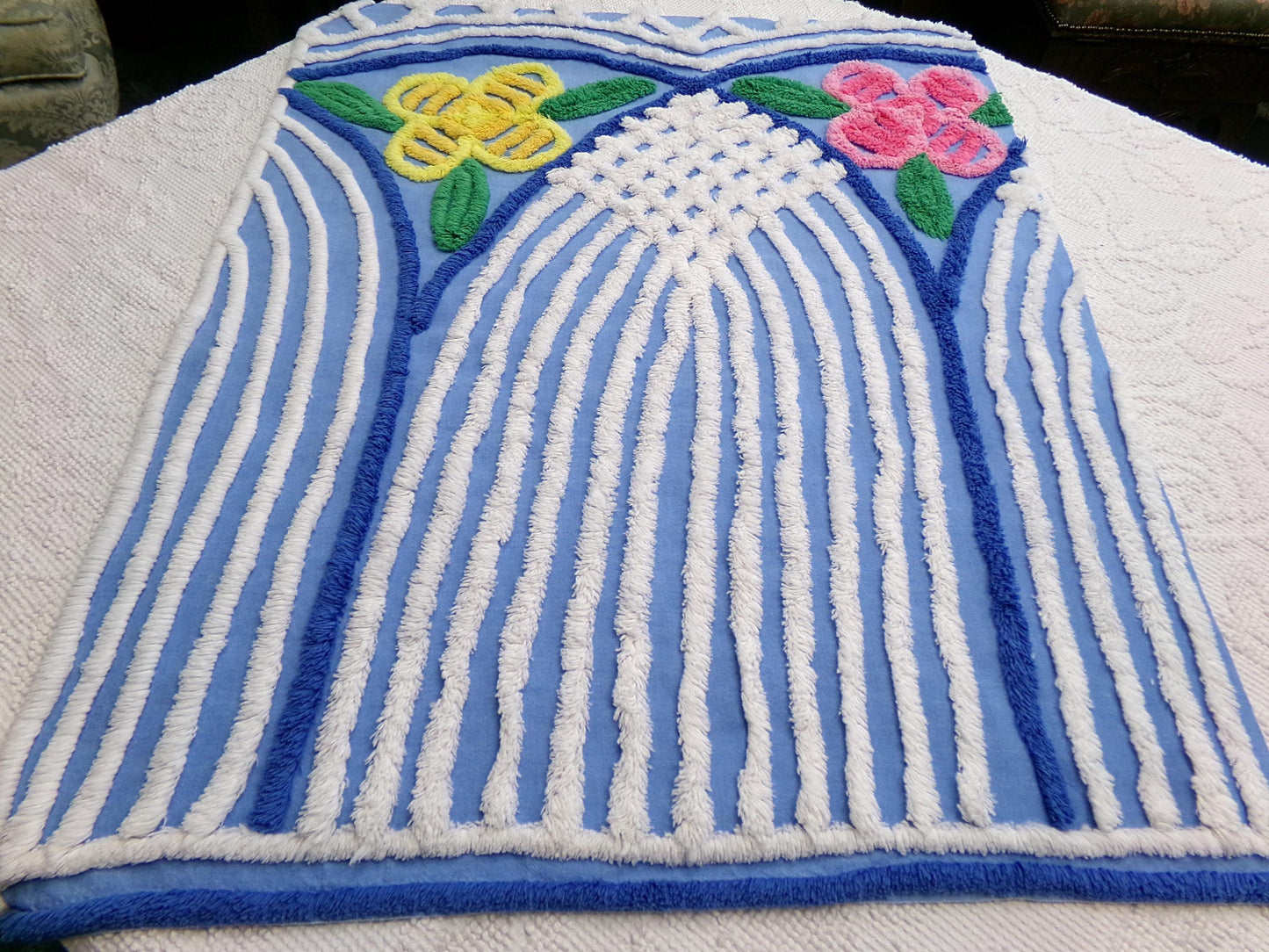 Vintage Chenille Fabric, Waterfall Blue & White Tropical Florals, 20" x 27" Cut Piece