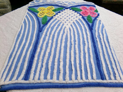 Vintage Chenille Fabric, Waterfall Blue & White Tropical Florals, 20" x 27" Cut Piece