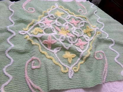 Vintage Chenille Fabric Piece, Mint Green Floral Cottage Chic Quilt Material 24" x 38"