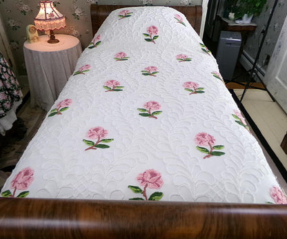 Pink Rose Vintage Chenille Bedspread, White Cotton Full Size Bedding, Accent Fringe