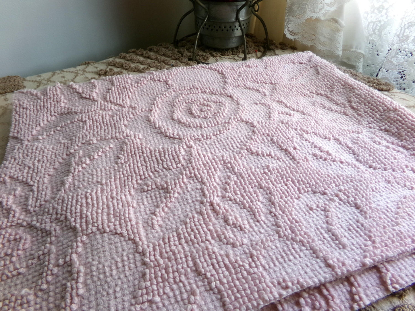 Rose Mist Vintage Woven Chenille Fabric, 24" x 20" Inch Reversible Piece, 100% Cotton, Hobnail Imperial Roses Pattern, Ideal in Quilts