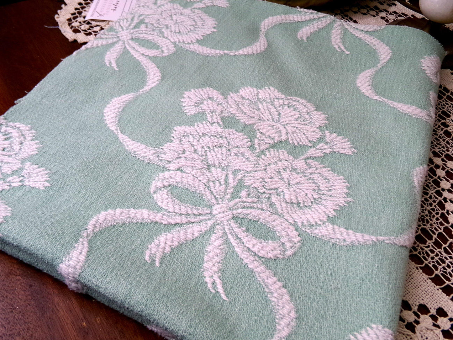 Shabby Woven Vintage Fabric Piece | Creamy White Carnation Flowers on Mint Green, 20" x 24"