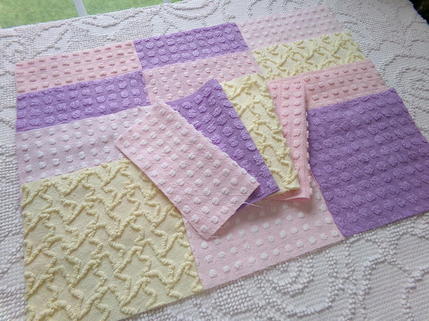 fairy magic 6" vintage chenille fabric squares, set of 16 pink, yellow & lavender quilt blocks for quilting, sewing, crafts