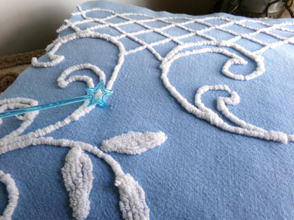 divine pink rose vintage chenille fabric, 17.5" x 32" inch piece, White Trellis & Scrollwork on Sky Blue Cotton, for Quilts, Pillows