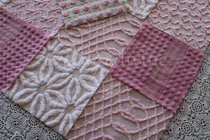 Prettiest Pink Quilt Squares, Daisy Rose Craft Square Set from Vintage Chenille Bedspread Fabric, 17 Blocks, 6" x 6" inch