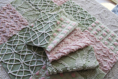 rosy romance chenille fabric squares, set of 16 vintage quilt blocks 6" inches ea, squiggle, hobnail, rosebud texture in jade & pink rose