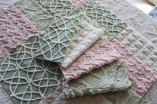 rosy romance chenille fabric squares, set of 16 vintage quilt blocks 6" inches ea, squiggle, hobnail, rosebud texture in jade & pink rose