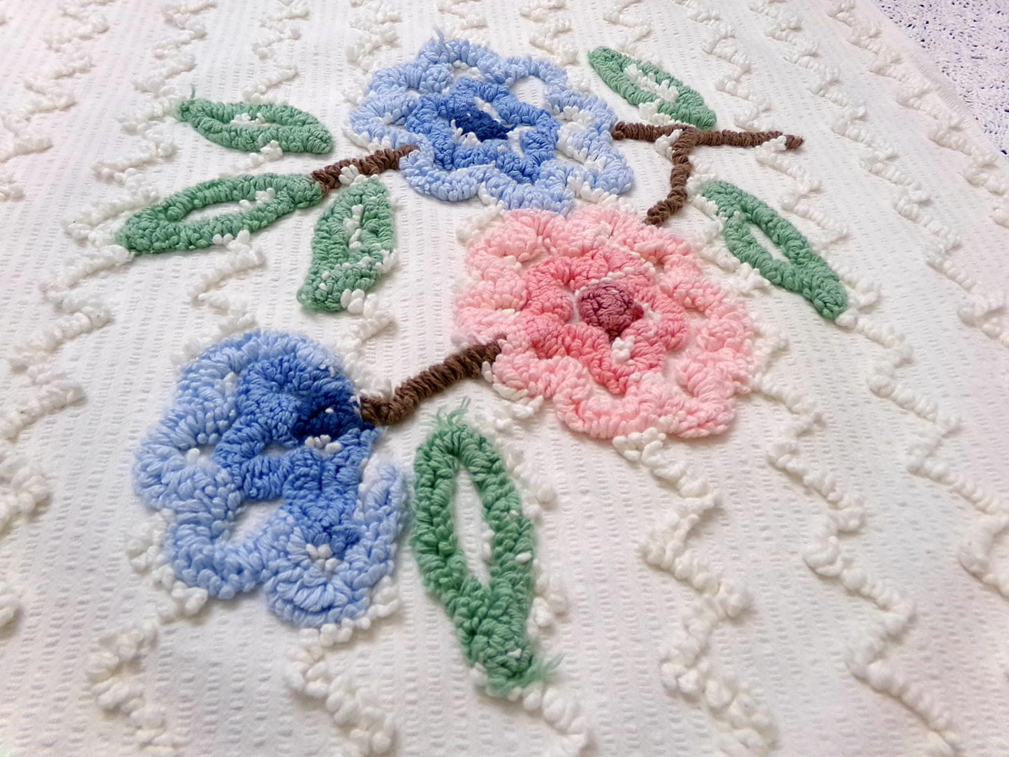 Vintage Chenille Fabric, Tufted Floral Bouquet on Cotton Seersucker, 19x26"