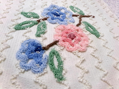 Vintage Chenille Fabric, Tufted Floral Bouquet on Cotton Seersucker, 19x26"