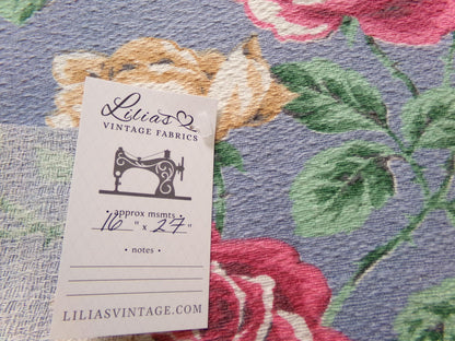 Vintage Rose Barkcloth Fabric, Pink Gold Blooms Blue Background 16" x 27"