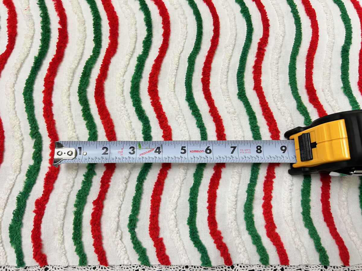 Vintage Christmas Chenille Fabric, Red, Green & White Ripple Stripe 16x27"