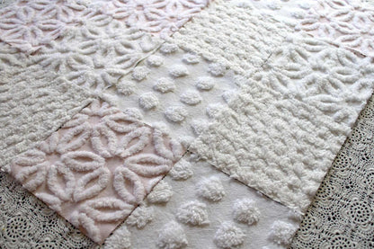 Baby's Breath Chenille Fabric Squares Set in White & Pink, Cut from Vintage Chenille Bedspread Material, 16 Blocks, 6" x 6" inch each