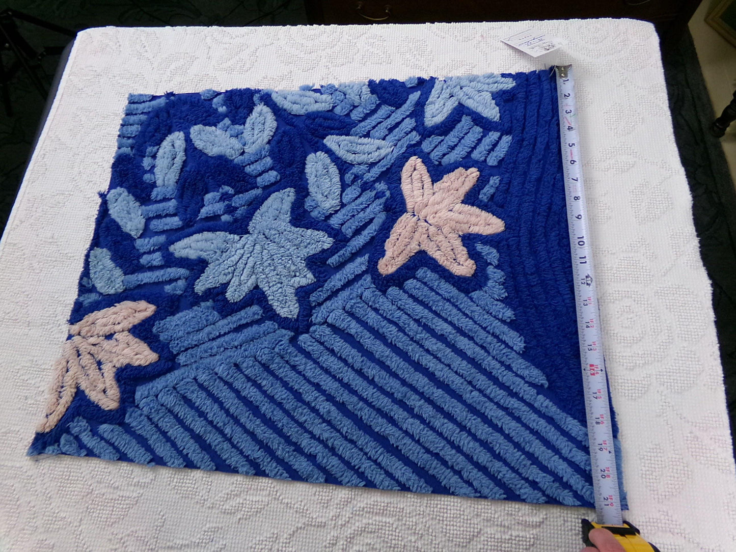 Midnight Blue Vintage Chenille Fabric, dramatic floral sewing craft quilt material, 18" x 22" piece
