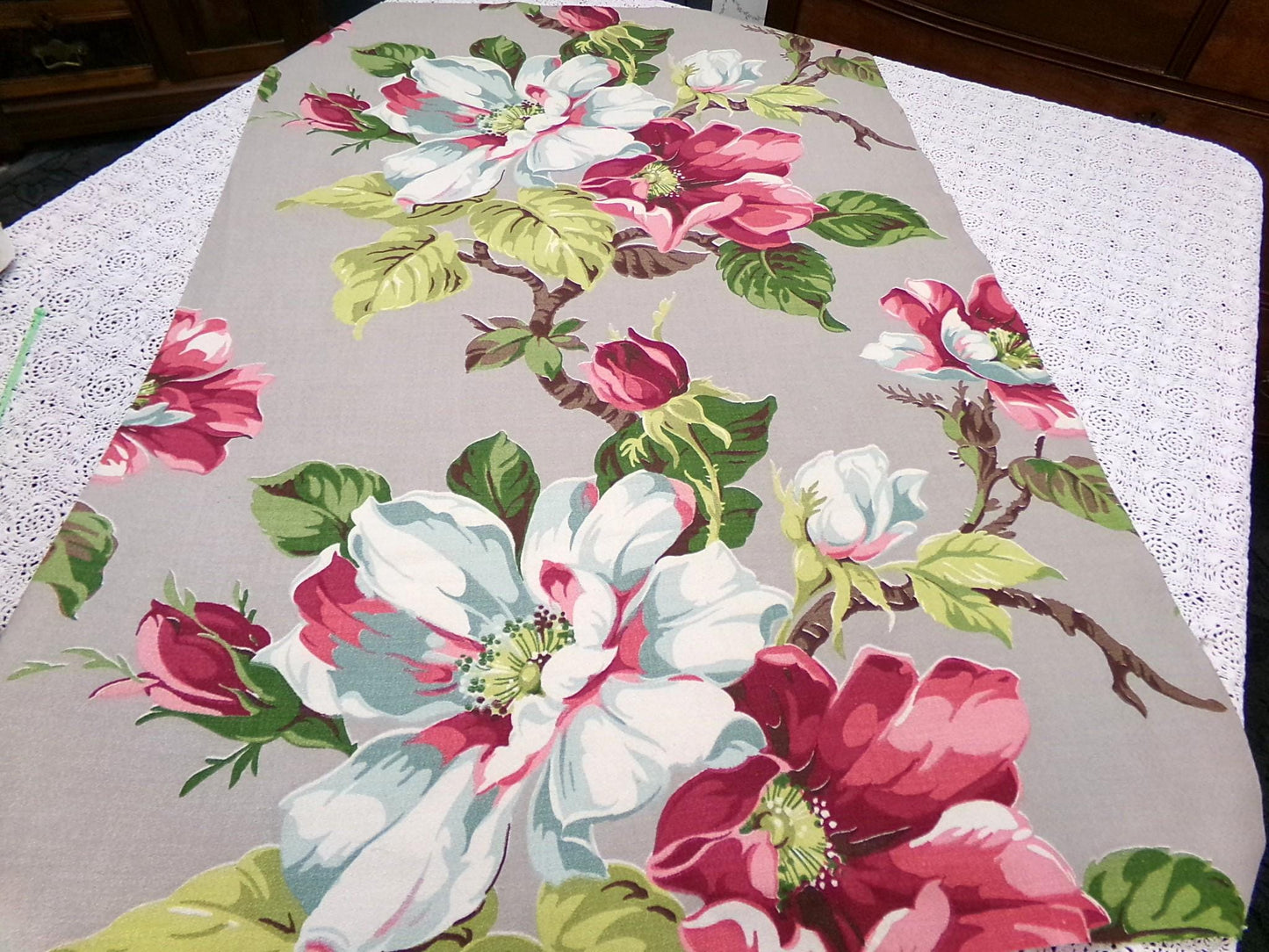 Vintage Barkcloth Fabric 1940s Pink Aqua Magnolia Floral Gray Mid-Century, 22" x 34"