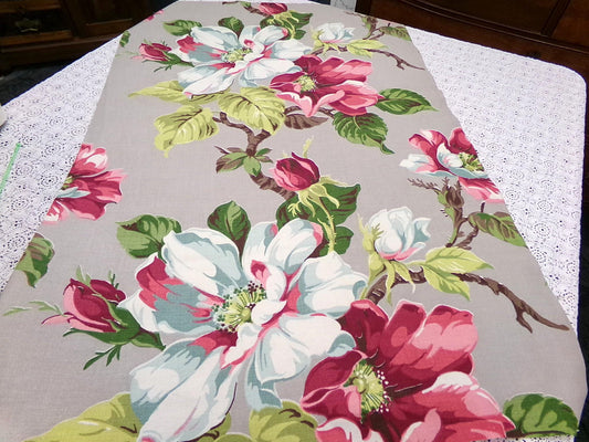 Vintage Barkcloth Fabric 1940s Pink Aqua Magnolia Floral Gray Mid-Century, 22" x 34"