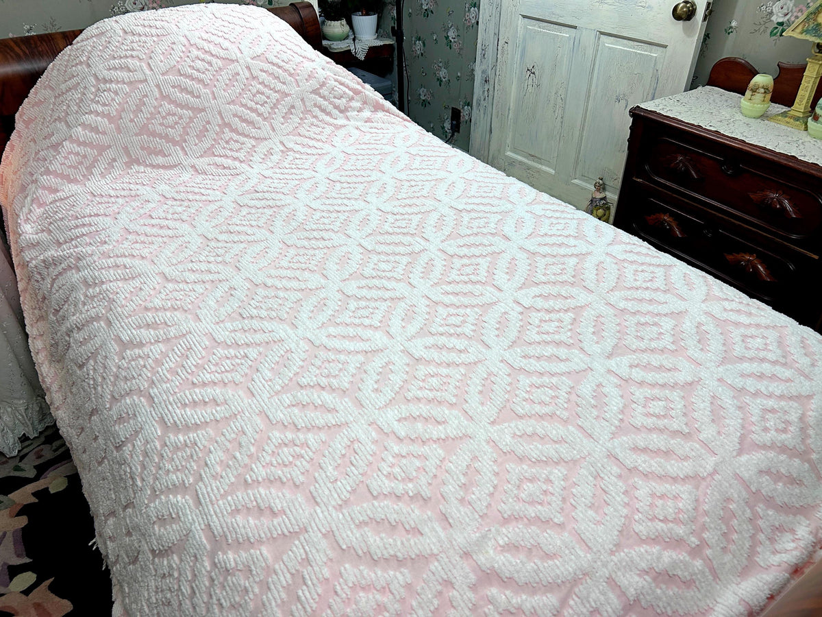 Vintage White & Pink Chenille Bedspread, Twin Size Coverlet, Accent Fringe