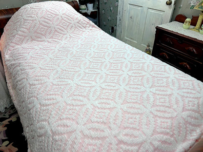 Vintage White & Pink Chenille Bedspread, Twin Size Coverlet, Accent Fringe