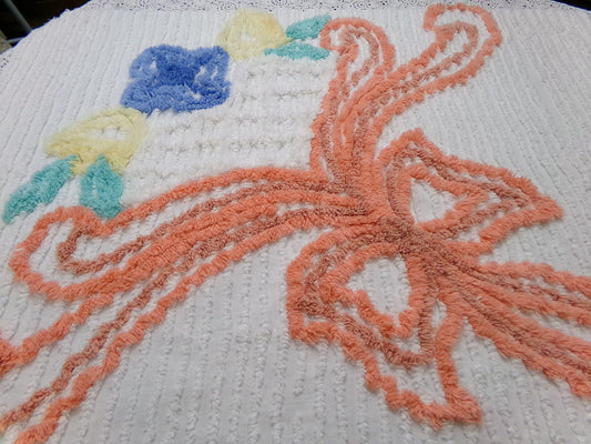 Coral Bow Vintage Chenille Bedspread Fabric Piece 25x22" Cottage Floral Bouquet