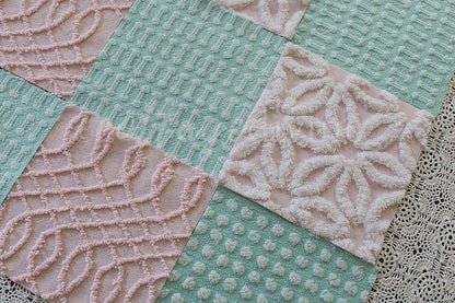 pink & aqua chenille fabric squares, set of quilt blocks cut from vintage chenille bedspreads, set of 16, 6" x 6" each for sewing, crafts
