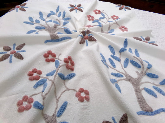 Vintage Bohemian Chenille Fabric - Natural Woodland Tree Floral & Star Design, 28" x 29"