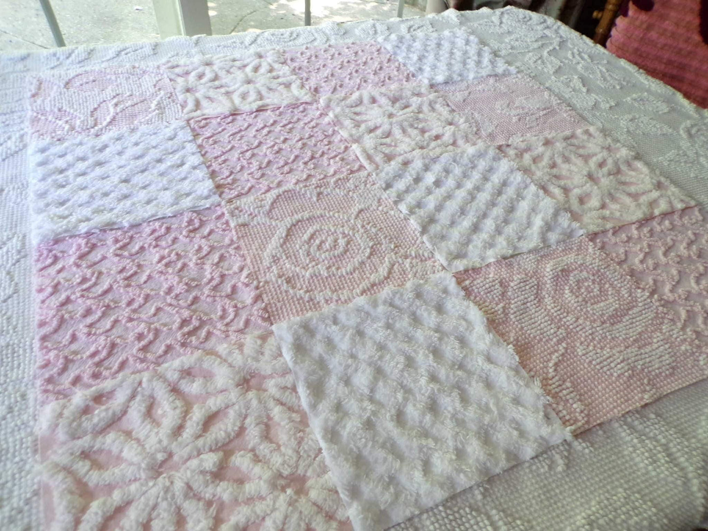 lovely pink & white vintage chenille fabric squares, set of 16 pretty 6" quilt blocks for sewing, crafts, patchwork pillows, quilting