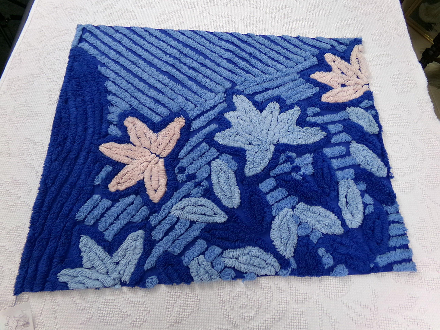 Midnight Blue Vintage Chenille Fabric, dramatic floral sewing craft quilt material, 18" x 22" piece