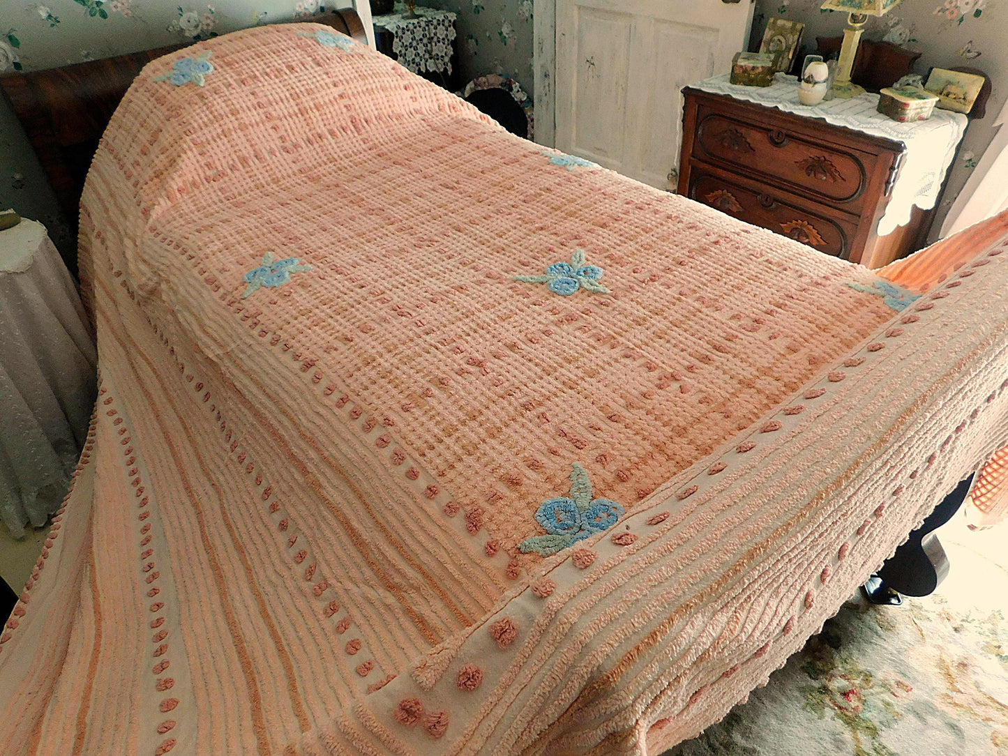 cozy plush plaid vintage chenille bedspread, blue roses on peach geometric design, full size cotton bedding