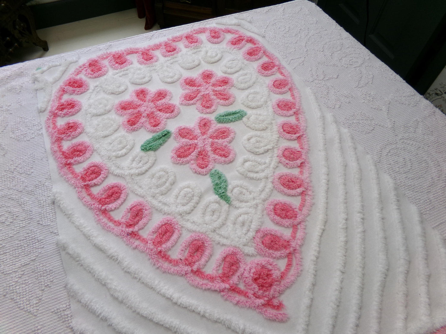 Sweet Heart Pink Vintage Chenille Fabric: Romantic Valentine Design 18" x 27" Piece Sewing Material for Quilts & Crafts