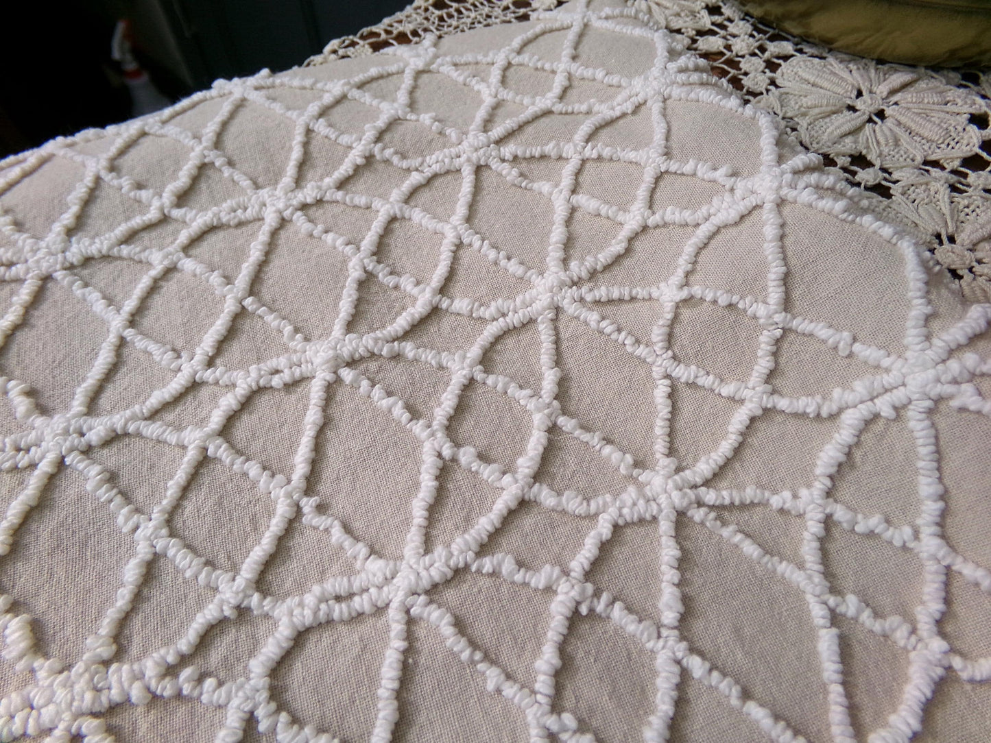 Neutral Mocha Vintage Chenille Fabric, Petite Tufted White Wedding Ring Design 18" x 24"