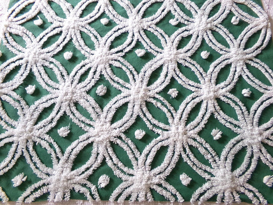 Evergreen Vintage Chenille Fabric, White Wedding Rings & Dots, 20x27" Piece