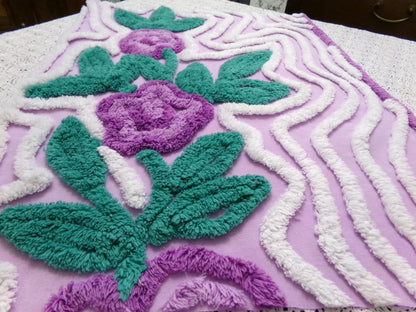 Violet Roses Vintage Chenille Bedspread Fabric 18x23" Sweeping White Waves